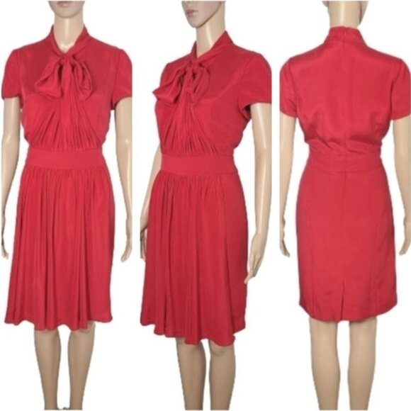 AEFFE SPA Red 100% Silk Pleated Bow Tie Cocktail Dress Women's Size 8 - Picture 2 of 16